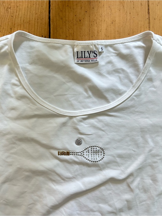 Lily'S Of Beverly Hills Tops - Y2K Lily's of Beverly Hills White Rhinestone Tennis Tee